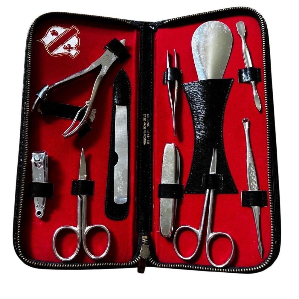 VTG Travel Manicure Grooming Kit Case Made in Austria Ground Leather Red Velvet